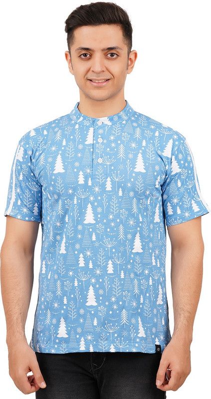 Men Printed Mandarin Collar Pure Cotton Light Blue T-Shirt