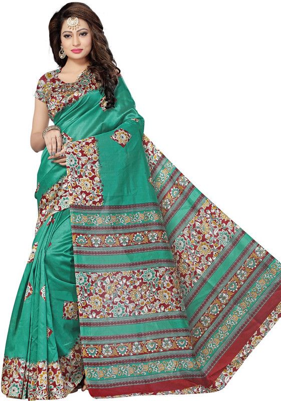 Printed Mysore Silk Blend Saree  (Green)
