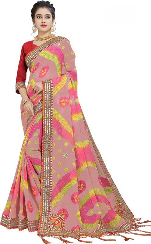 Embroidered Bandhani Georgette Saree  (Pink)