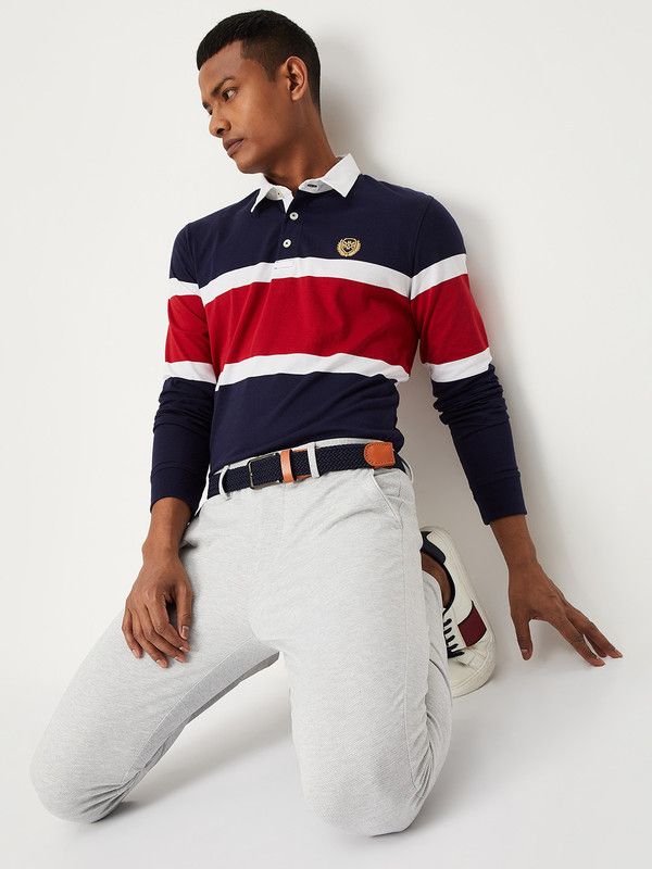 Men Striped Polo Neck Poly Cotton Blue T-Shirt