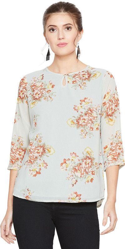 Casual Regular Sleeves Floral Print Women Light Blue Top