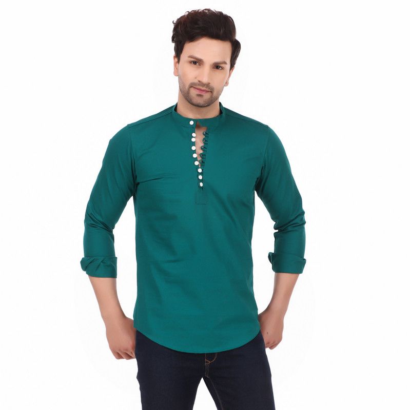 Men Washed Cotton Blend Straight Kurta  (Green)