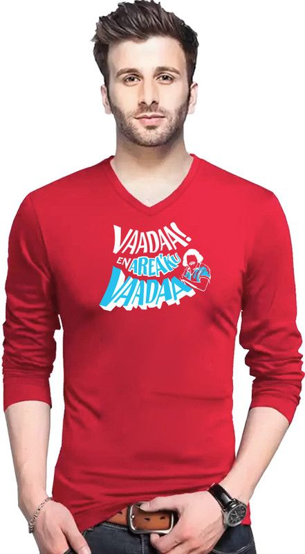 Men Graphic Print V Neck Cotton Blend Red T-Shirt
