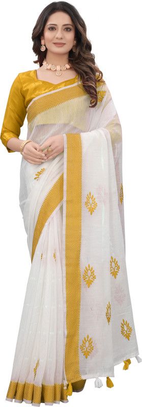 Fashion Linen Saree  (White)