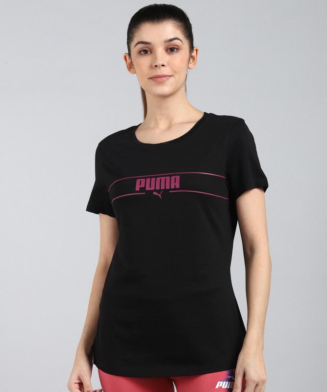 Small Logo Tee Women Printed Round Neck Cotton Blend Black T-Shirt
