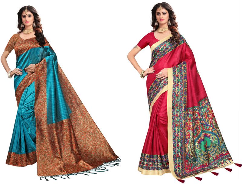Printed Mysore Silk Blend Saree  (Pack of 2, Red, Blue)