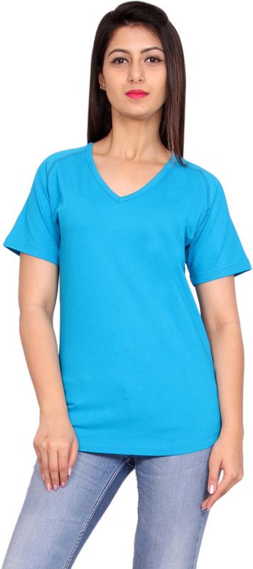 Women Solid V Neck Cotton Blend Blue T-Shirt