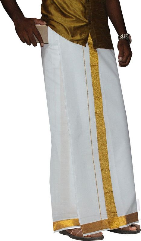 Prakasam Cotton Premium Quality Welcro Pocket Jari gold border Cotton White Solid Men Dhoti