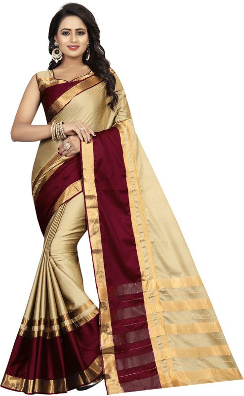 Color Block Maheshwari Cotton Silk Saree  (Maroon, Beige)