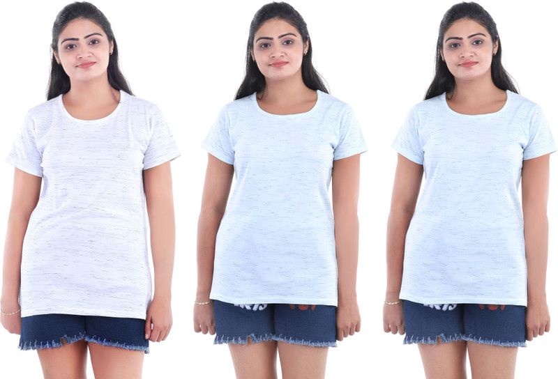 Pack of 3 Women Printed Round Neck Poly Cotton Multicolor T-Shirt