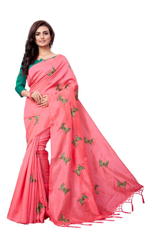 Embroidered Kota Doria Silk Blend Saree  (Pink)