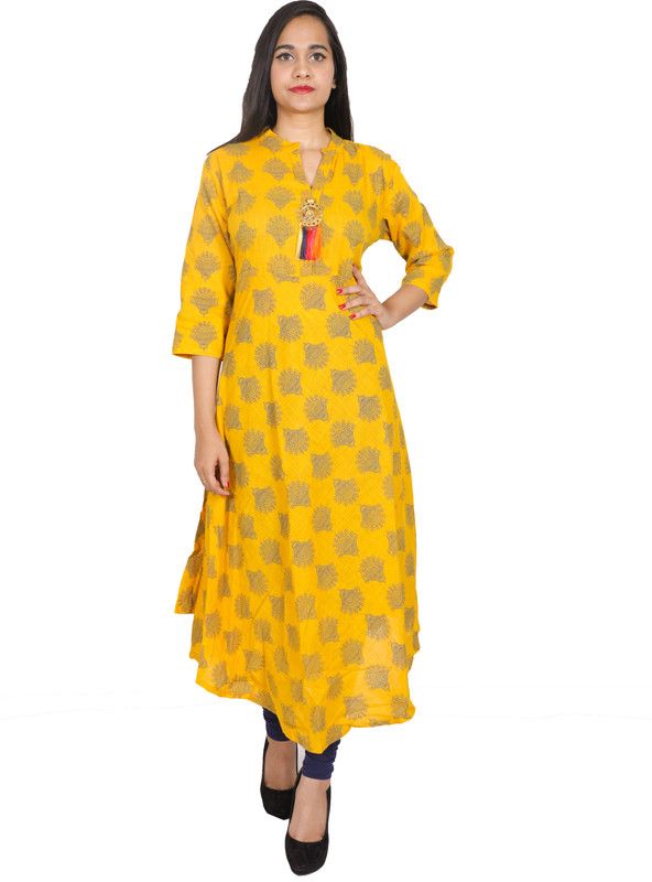 Women Block Print, Embellished Cotton Blend Straight Kurta  (Yellow)