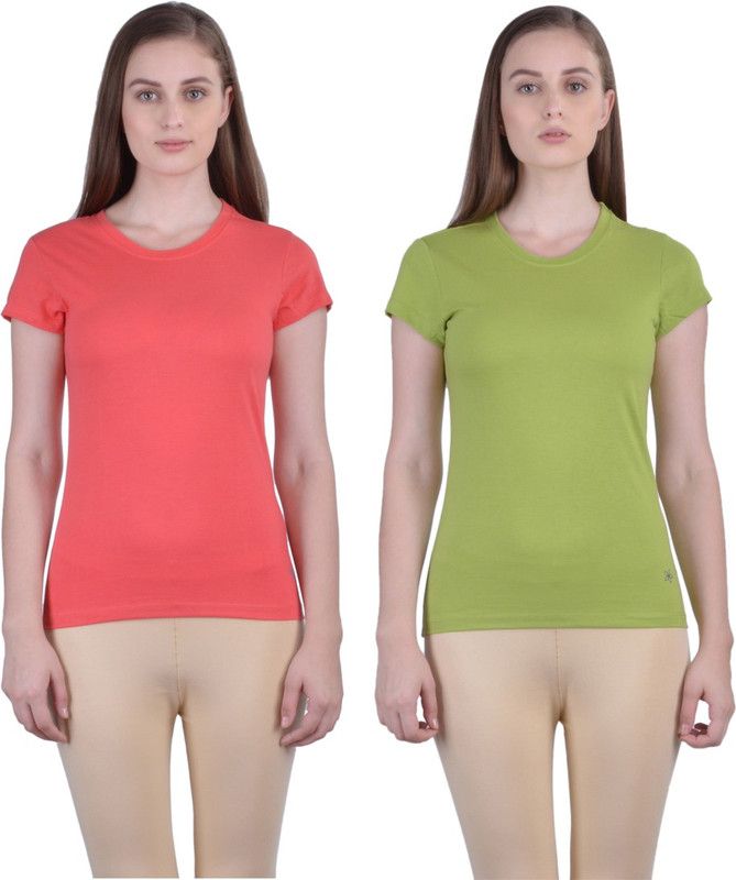 Pack of 2 Casual Regular Sleeves Solid Women Green, Pink Top