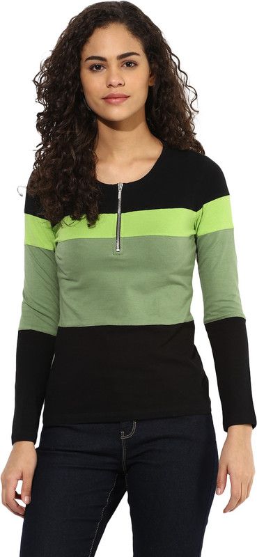 Casual Regular Sleeves Color Block Women Green, Black Top
