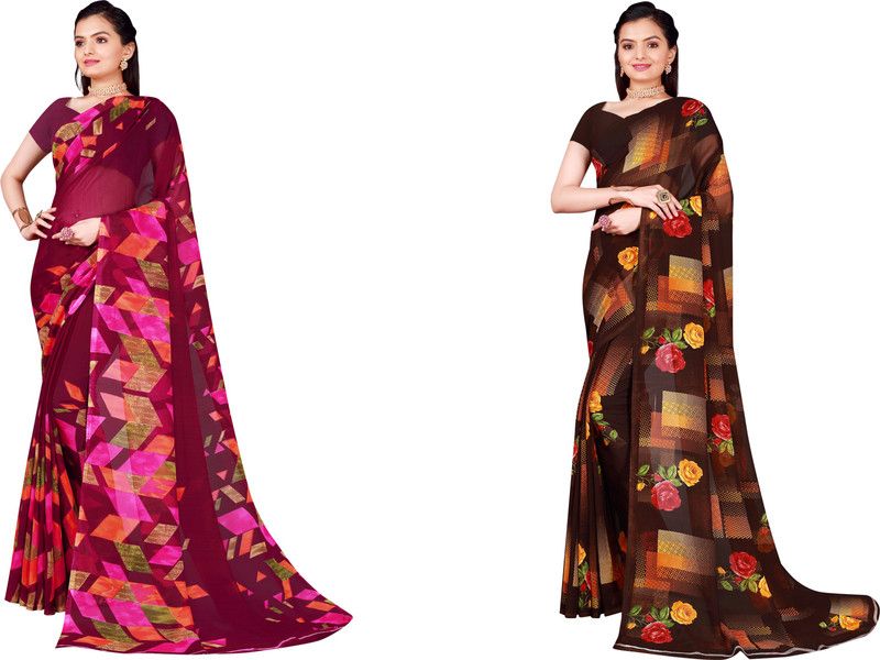 Geometric Print Daily Wear Georgette Saree  (Pack of 2, Gold)