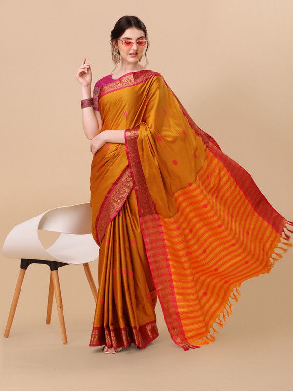 Self Design, Color Block, Embellished, Woven Bollywood Cotton Silk Saree  (Mustard)