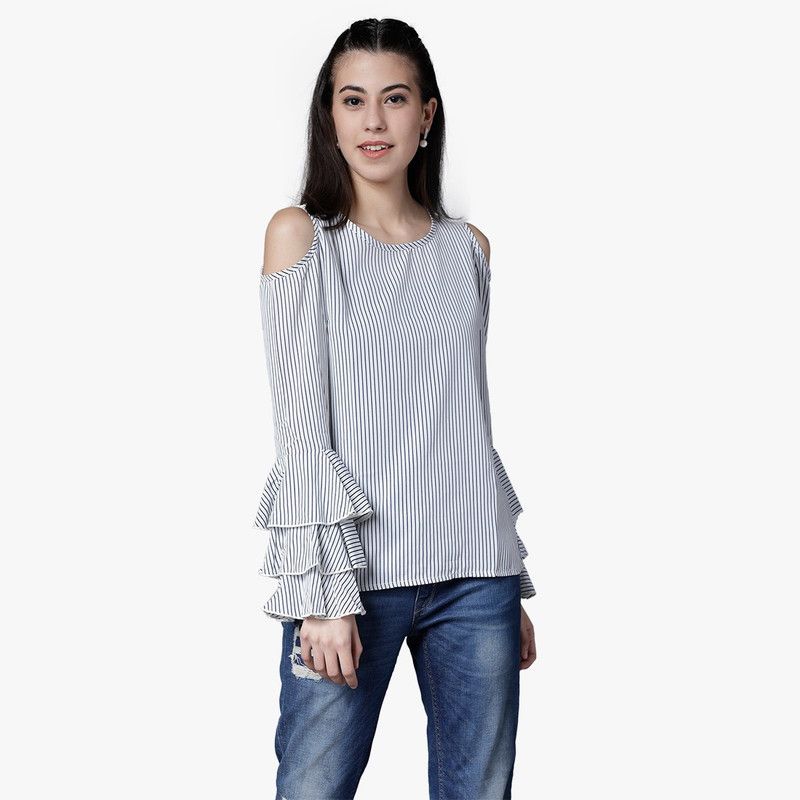 Casual Layered Striped Women White Top