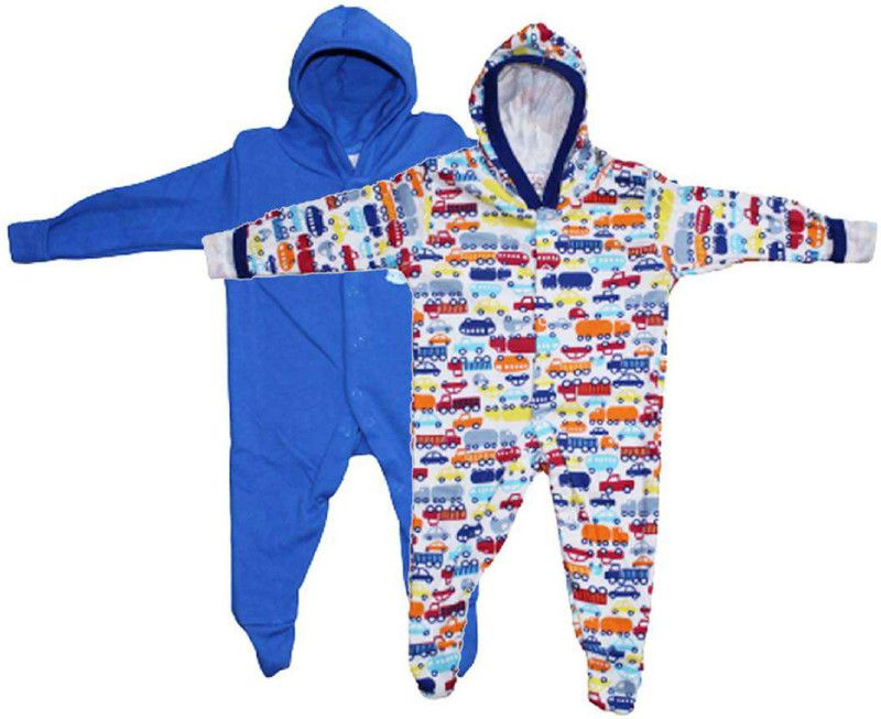 Romper For Baby Boys & Baby Girls Printed Cotton Blend  (Blue, Pack of 2)