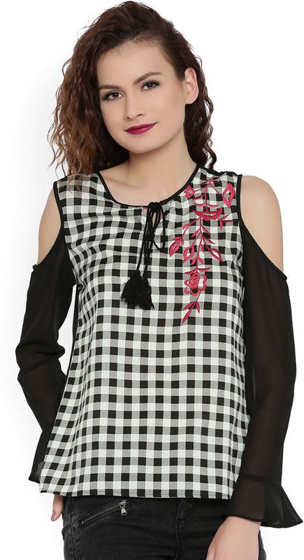 Casual Cold Shoulder Sleeves Embroidered, Checkered Women White, Black Top