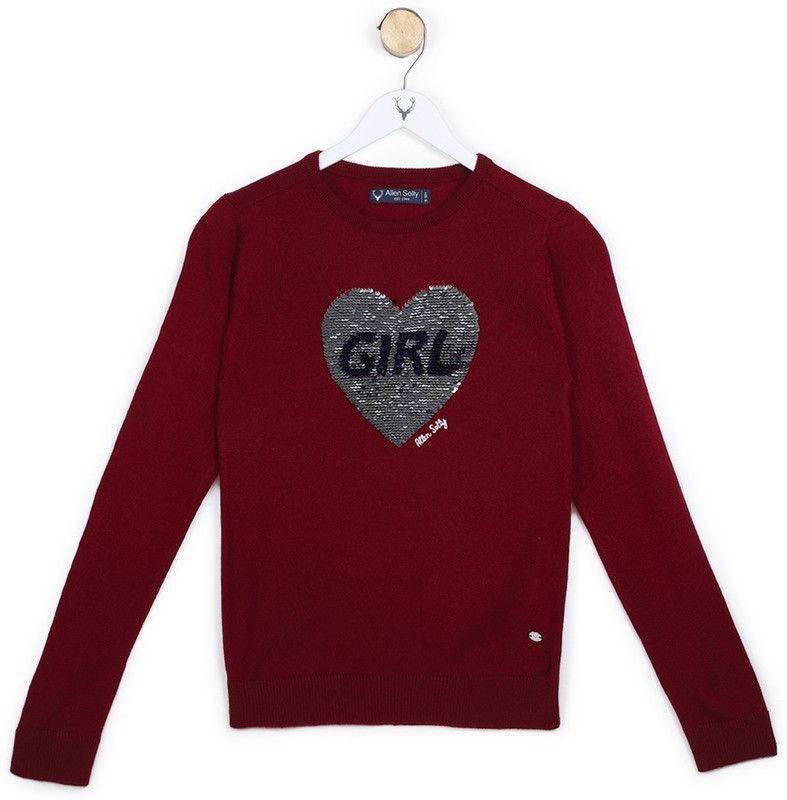 Girls Embellished Crew Neck Maroon Sweater