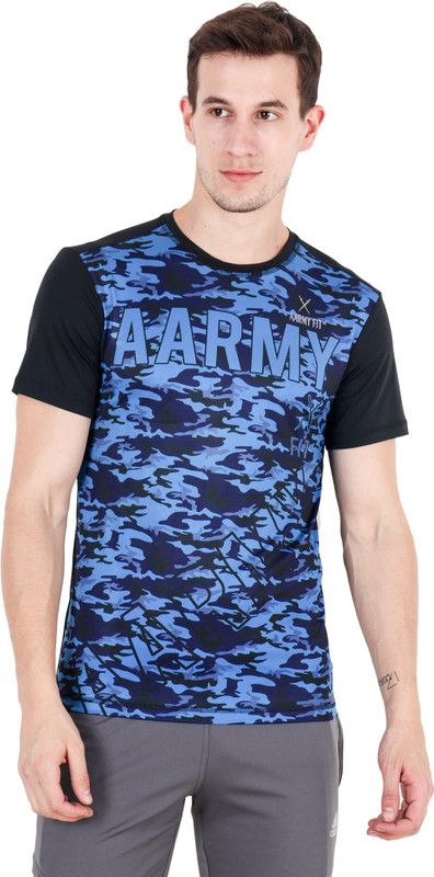 Men Graphic Print Round Neck Poly Cotton Blue T-Shirt