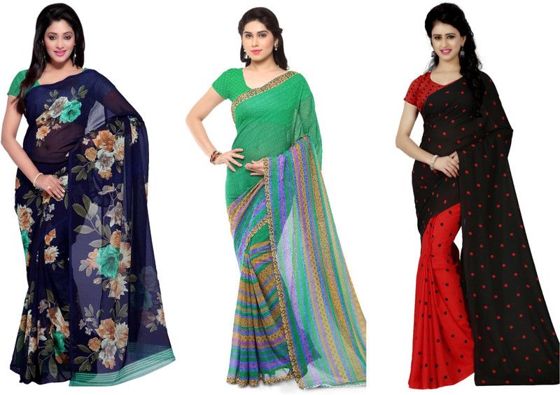 Printed, Graphic Print, Polka Print Bollywood Georgette Saree  (Pack of 3, Multicolor)