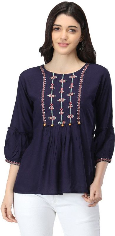 Casual Balloon Sleeve Embroidered Women Blue Top