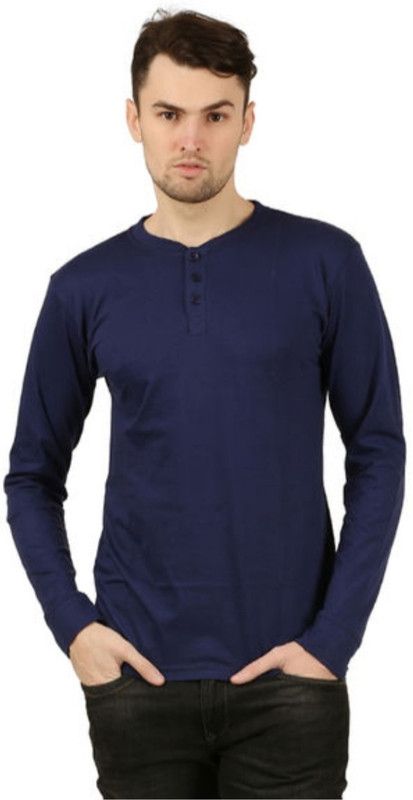 Men Solid Henley Neck Cotton Blend Navy Blue T-Shirt