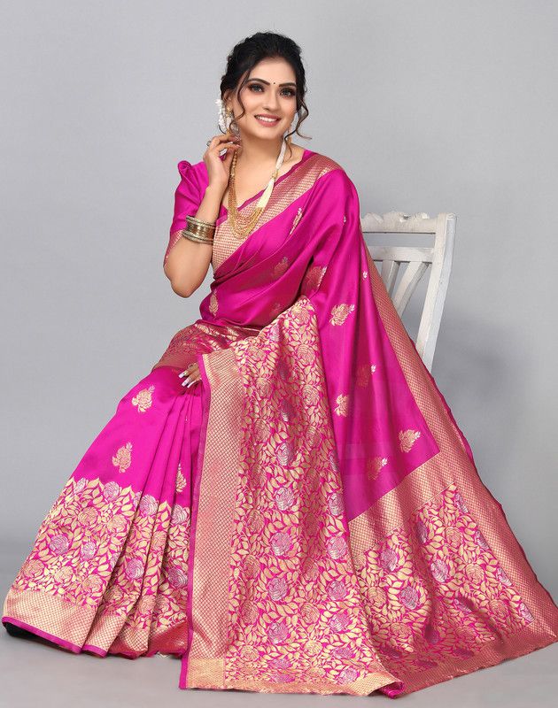 Embellished, Woven Konrad Jacquard, Silk Blend Saree  (Pink)