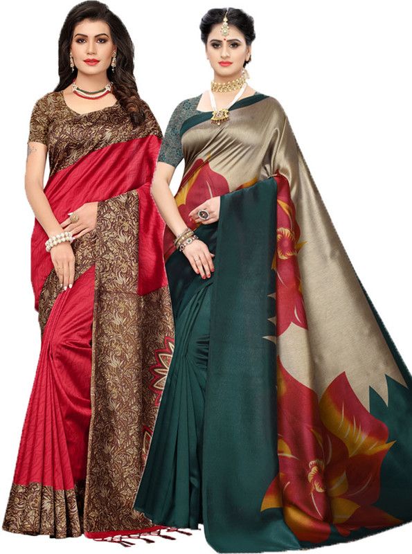 Geometric Print Daily Wear Georgette Saree  (Pack of 2, Red, Dark Green)