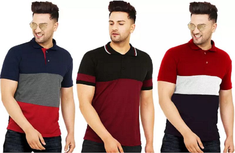Pack of 3 Men Colorblock Polo Neck Cotton Blend Multicolor T-Shirt