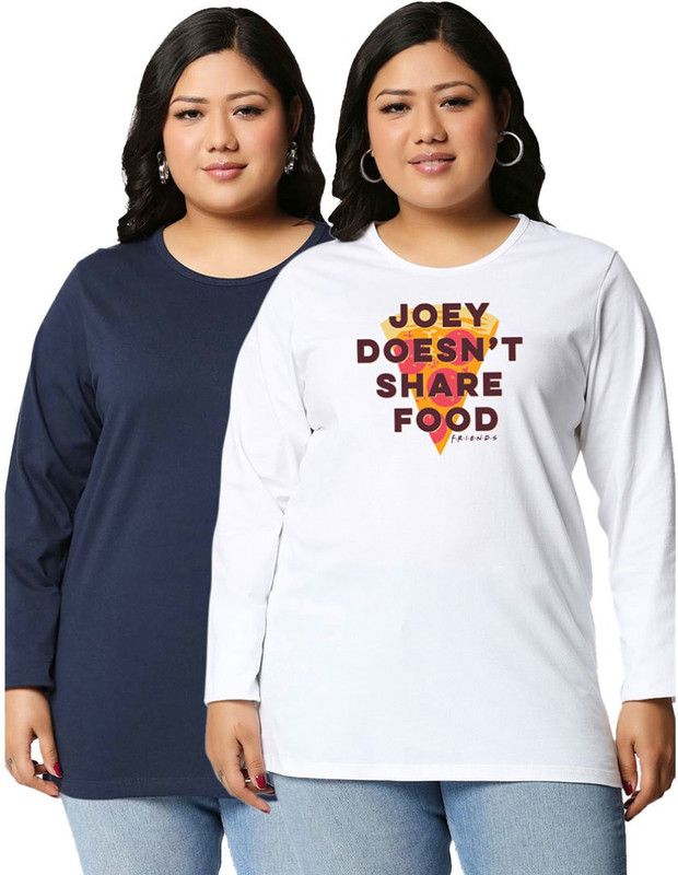 Pack of 2 Women Typography Round Neck Pure Cotton White, Blue T-Shirt