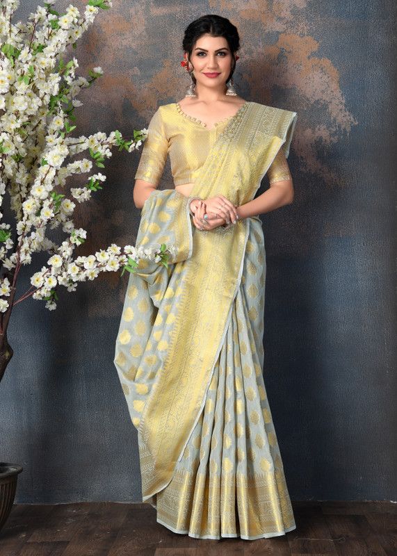 Woven Bollywood Linen Saree  (Grey)