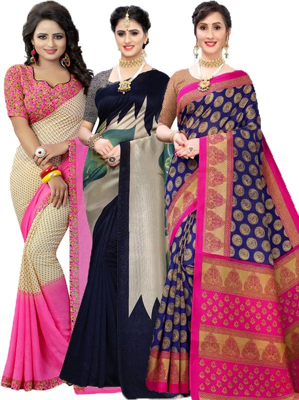 Printed Bollywood Georgette Saree  (Pack of 3, Pink, Dark Blue)