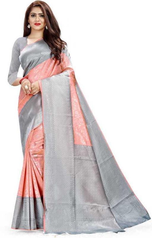 Woven Banarasi Jacquard Saree  (Silver, Pink)