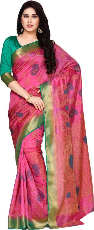 Woven Kanjivaram Art Silk Saree  (Green, Pink, Black)