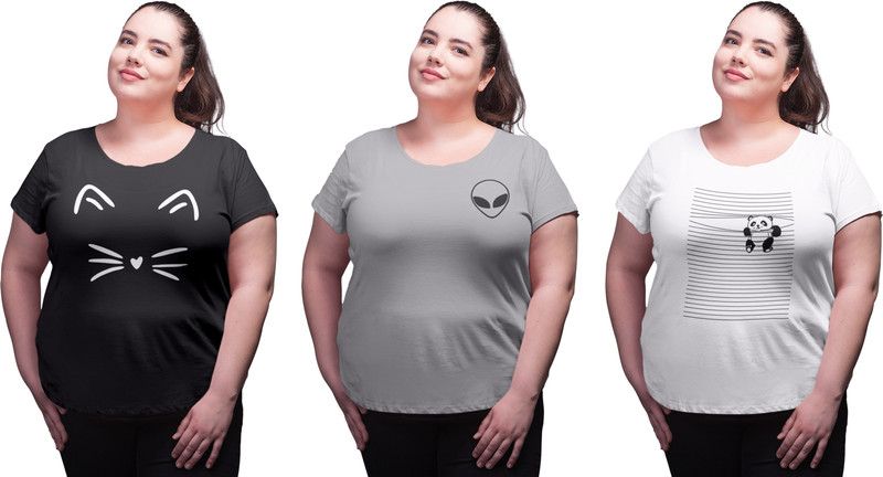Pack of 3 Women Printed Round Neck Pure Cotton White, Black, Grey T-Shirt