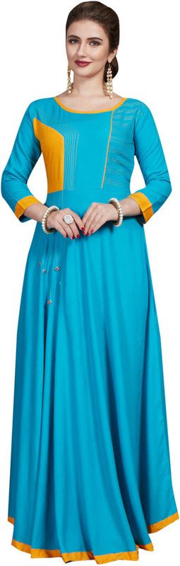 Rayon Blend Stitched Anarkali Gown  (Light Blue)