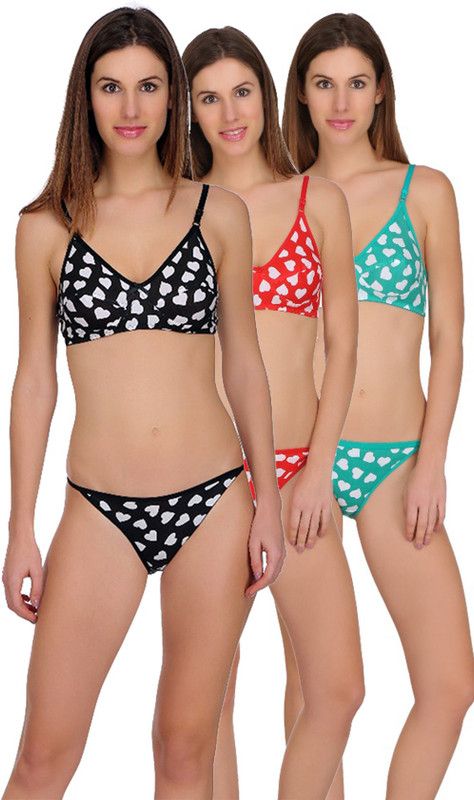 Bra & Panty Set Self Design Green, Black, Pink Lingerie Set