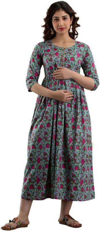 Women Printed Pure Cotton Flared Kurta  (Dark Blue)