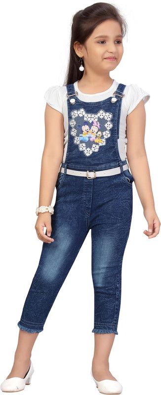 Dungaree For Girls Party Self Design Denim  (Blue, Pack of 1)