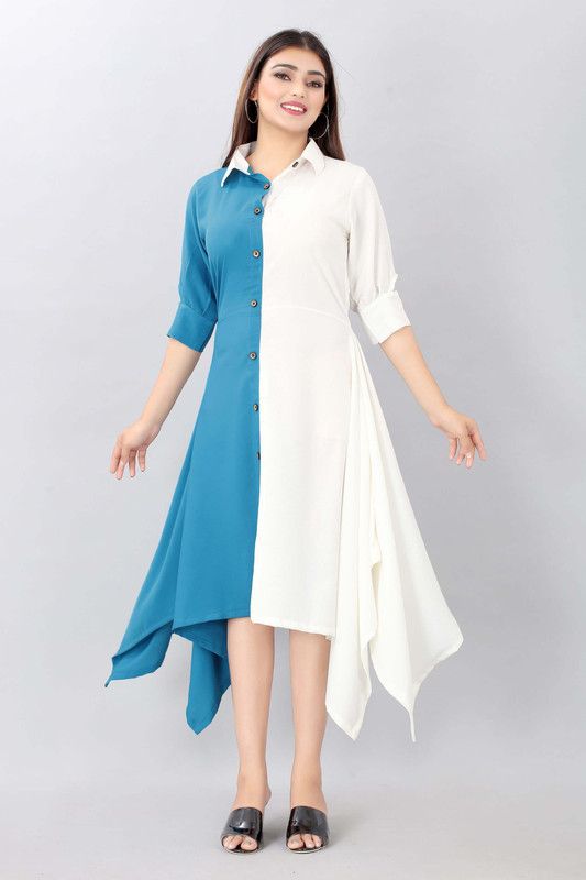 Women Colorblock Crepe Trail Cut Kurta  (White, Blue)