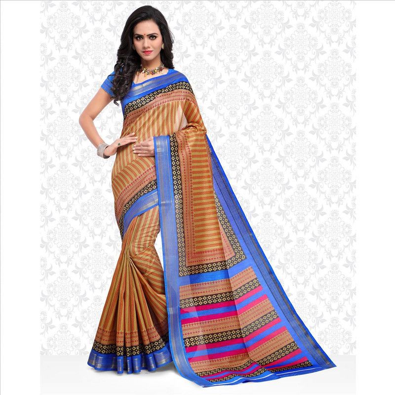 Floral Print Kalamkari Cotton Blend Saree  (Brown)