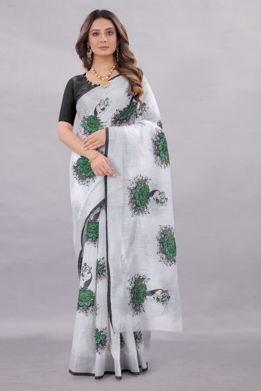 Printed Chanderi Cotton Blend Saree  (White, Black)