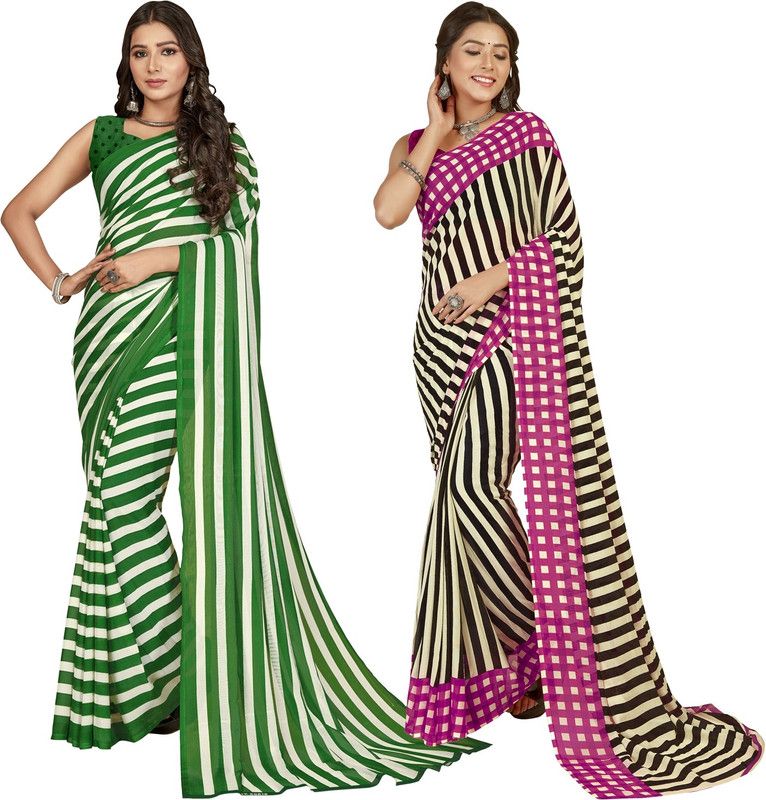 Floral Print, Paisley, Striped, Ombre, Printed Daily Wear Georgette Saree  (Pack of 2, White, Dark Green, Pink, Black)
