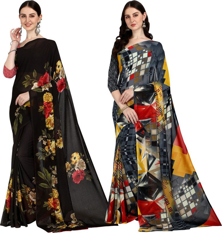 Printed Daily Wear Georgette Saree  (Pack of 2, Brown, Grey)