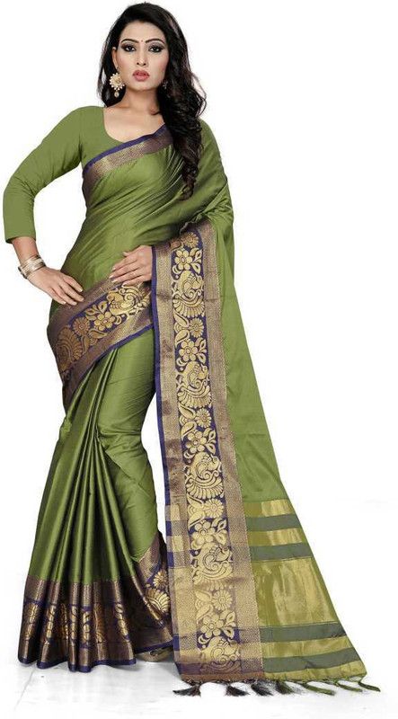 Woven, Embellished, Applique, Solid/Plain Dharmavaram Pure Silk, Cotton Silk Saree  (Green)