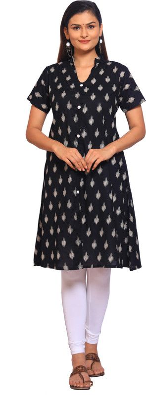 Women Abstract Cotton Blend A-line Kurta  (Black)