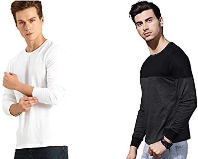 Solid Men White, Black T-Shirt  (Pack of 2)