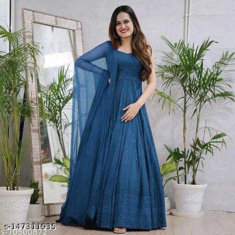 Women Embroidered Cotton Rayon Anarkali Kurta With Attached Dupatta  (Light Blue)